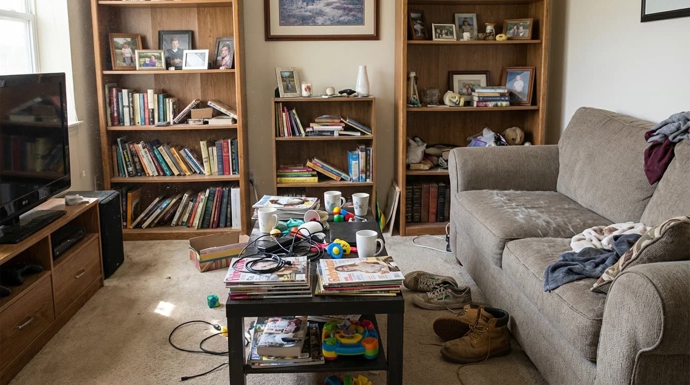 Cluttered Burnaby Heights living room before deep cleaning restoration