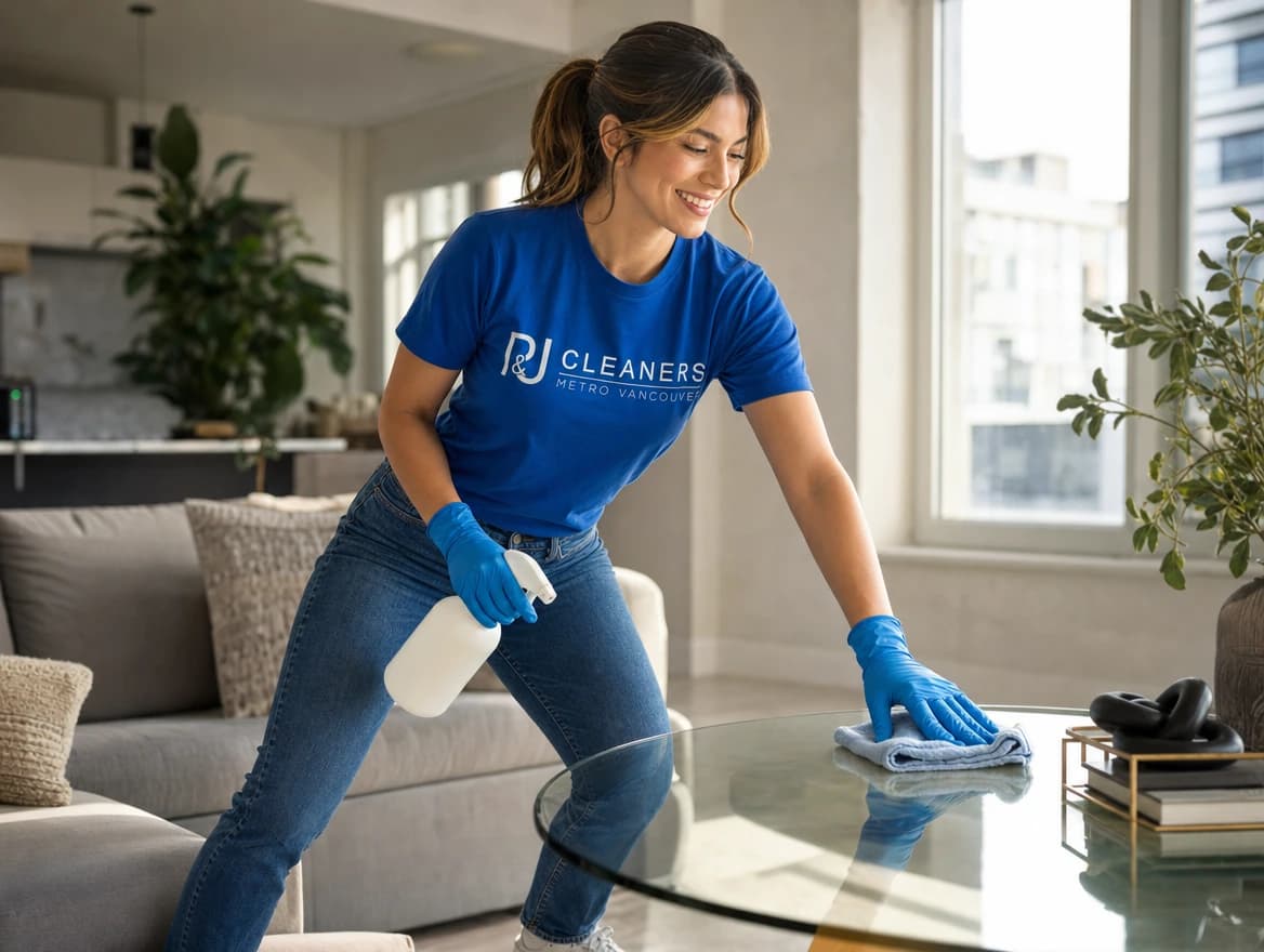Professional cleaner confidently standing with cleaning supplies