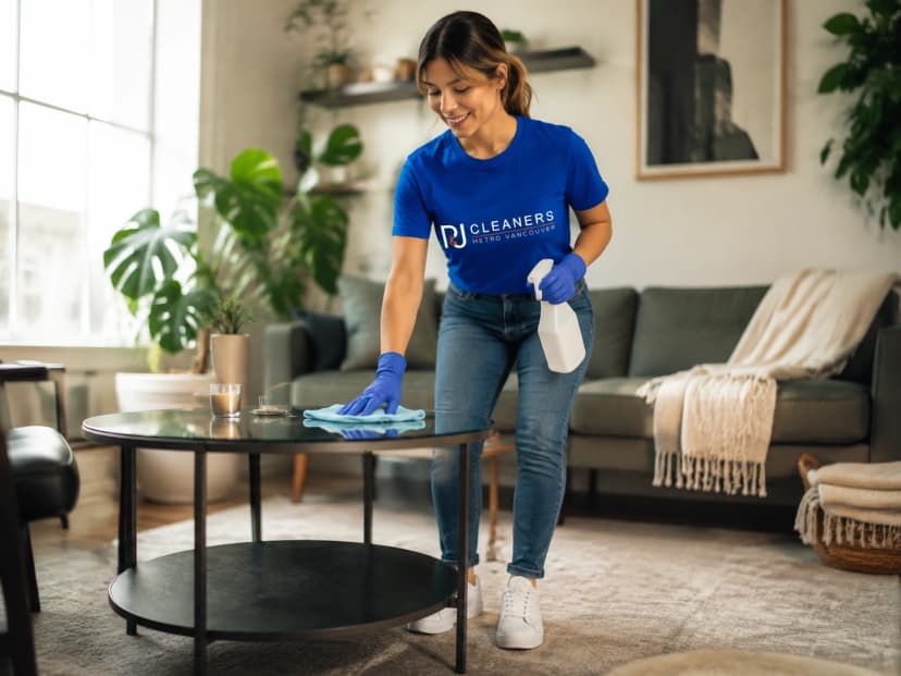 P&J Cleaners professional with cleaning supplies in a modern Vancouver apartment
